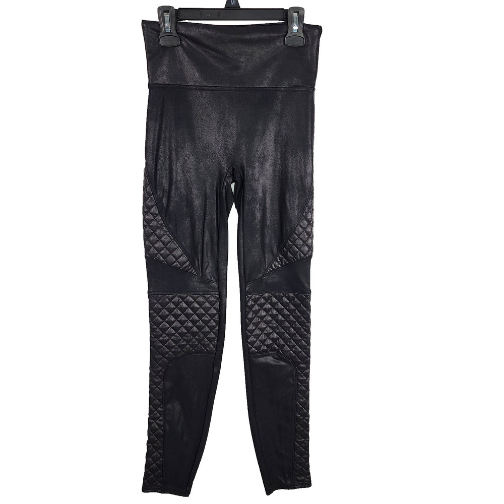 Spanx Womens Quilted Faux Leather Leggings Small Very Black Moto High Rise Shape